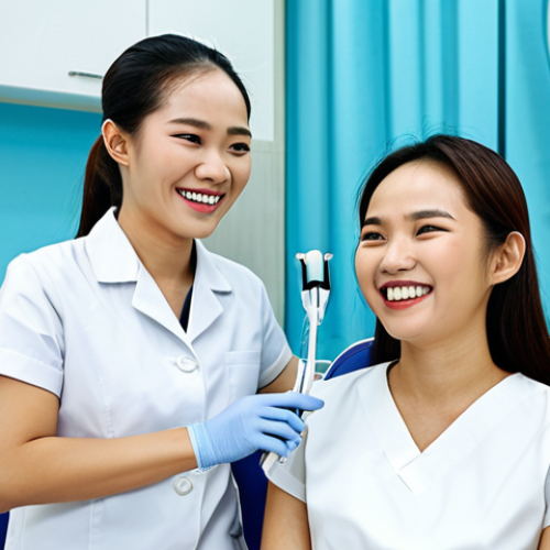 Modern Dental Clinic in Vietnam**

A bright and modern dental clinic in Ho Chi Minh City, Vietnam. A friendly, fully clothed female dental hygienist in professional attire smiles as she explains a teeth whitening procedure to a young Vietnamese woman.  The clinic is equipped with modern dental equipment.  "Safe for work", "appropriate content", "fully clothed", "professional", perfect anatomy, correct proportions, natural pose, high-quality image, well-lit.

**