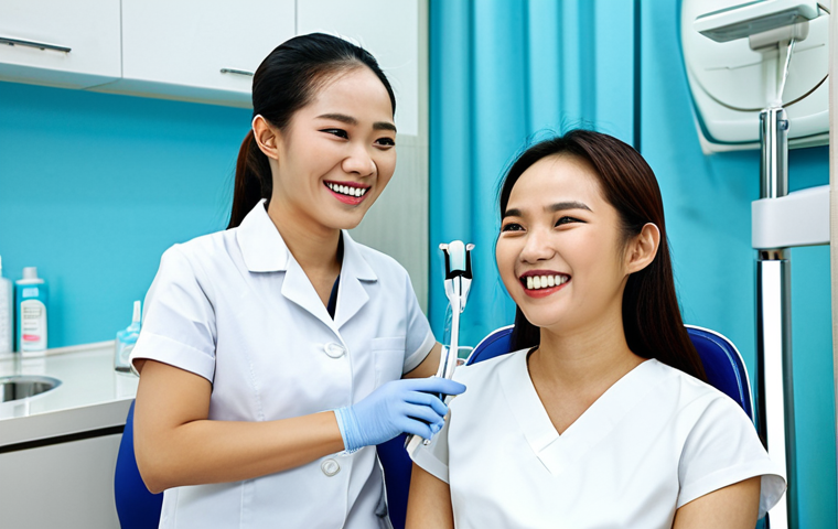 Modern Dental Clinic in Vietnam**
A bright and modern dental clinic in Ho Chi Minh City, Vietnam. A friendly, fully clothed female dental hygienist in professional attire smiles as she explains a teeth whitening procedure to a young Vietnamese woman. The clinic is equipped with modern dental equipment. "Safe for work", "appropriate content", "fully clothed", "professional", perfect anatomy, correct proportions, natural pose, high-quality image, well-lit.
**