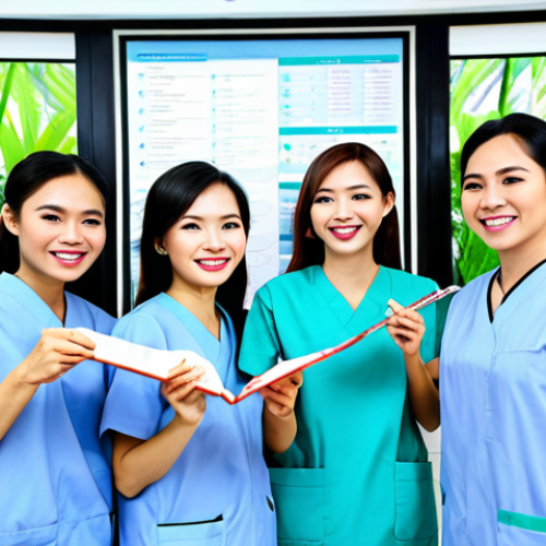 **

A vibrant, modern dental clinic in Hanoi, Vietnam. A team of friendly, professional Vietnamese dentists and dental assistants, all smiling and fully clothed in clean, modest scrubs. They are collaborating around a patient's chart, discussing treatment plans. The atmosphere is bright and welcoming, with lush green plants in the background. Safe for work, appropriate content, family-friendly, perfect anatomy, natural pose, high quality.

**