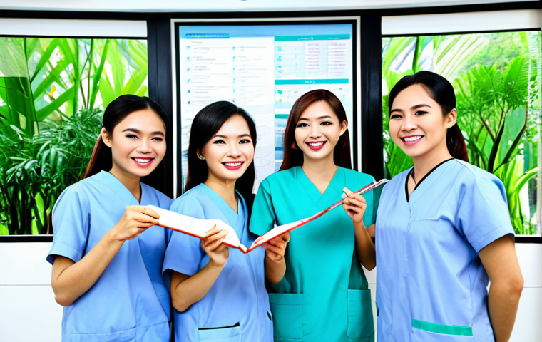 **
A vibrant, modern dental clinic in Hanoi, Vietnam. A team of friendly, professional Vietnamese dentists and dental assistants, all smiling and fully clothed in clean, modest scrubs. They are collaborating around a patient's chart, discussing treatment plans. The atmosphere is bright and welcoming, with lush green plants in the background. Safe for work, appropriate content, family-friendly, perfect anatomy, natural pose, high quality.
**