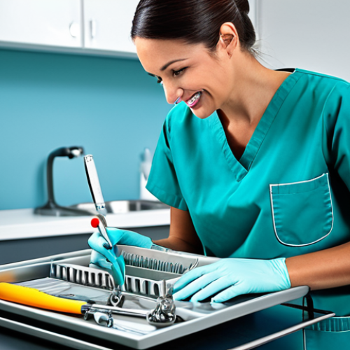 Dental Assistant Preparing Tools**

"A dental assistant in a clean, modern clinic, fully clothed in professional scrubs, arranging sterile dental tools on a tray, appropriate content, safe for work, perfect anatomy, correct proportions, professional lighting, high resolution, family-friendly."

**