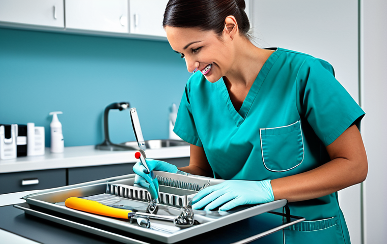 Dental Assistant Preparing Tools**
"A dental assistant in a clean, modern clinic, fully clothed in professional scrubs, arranging sterile dental tools on a tray, appropriate content, safe for work, perfect anatomy, correct proportions, professional lighting, high resolution, family-friendly."
**